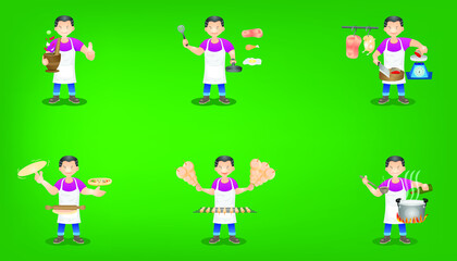 set of the merchant chef stand up holding food and equipment for cooking papaya salad, meatball barbecue, pork chicken fresh market, fast food. vector illustration eps10