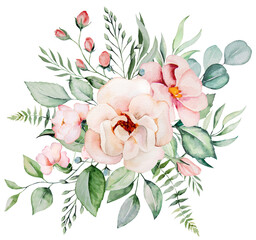 Watercolor light pink flowers and green leaves bouquet illustration