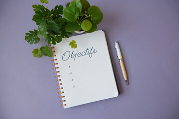 Cahier ouvert pour y noter ses objectifs et goals sur fond mauve avec un stylo et des plantes vertes