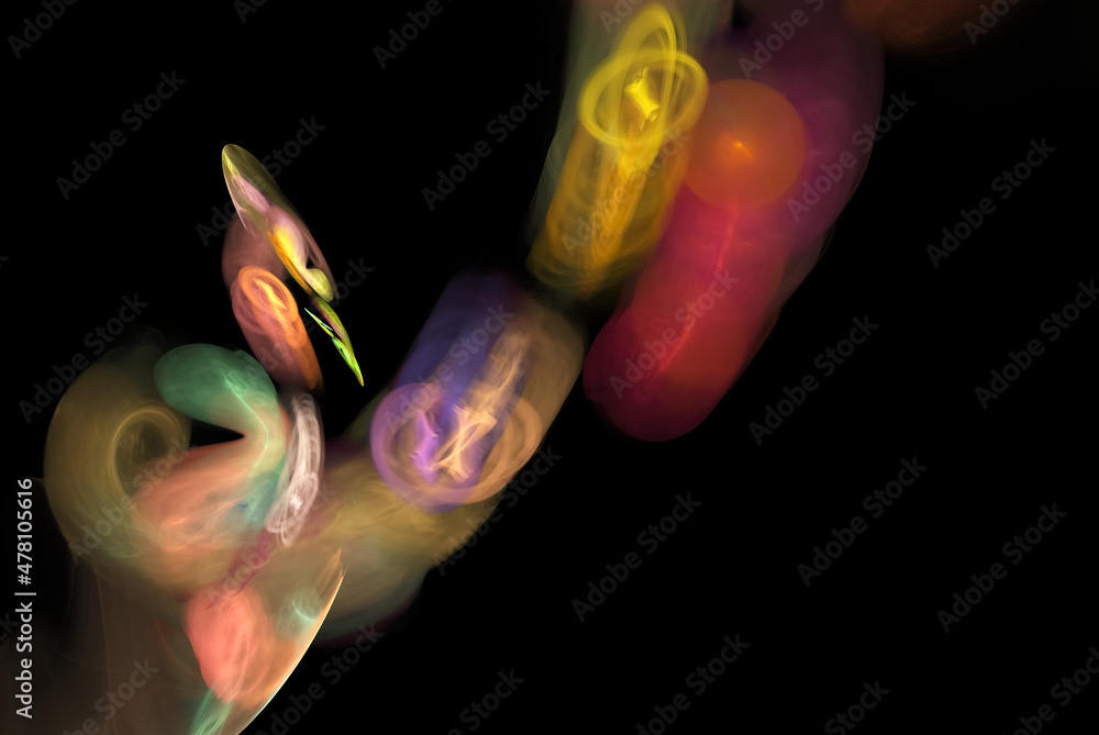 Poster fractal, an abstract defocused background with a colorful bird on a branch