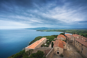 Populonia old village and Baratti gulf aerial view. Tuscany, Italy.