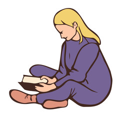 Vector illustration of sitting woman with book. Girl is reading book.