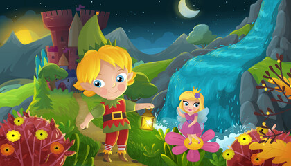 Obraz na płótnie Canvas cartoon scene forest princess and elf prince and castle