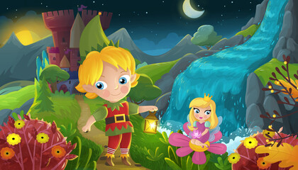 Obraz na płótnie Canvas cartoon scene forest princess and elf prince and castle