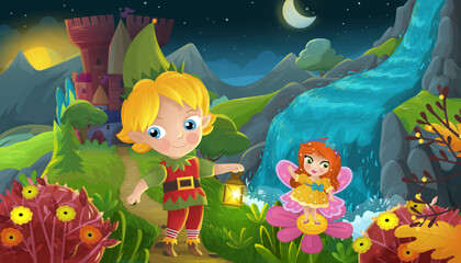 cartoon scene forest princess and elf prince and castle