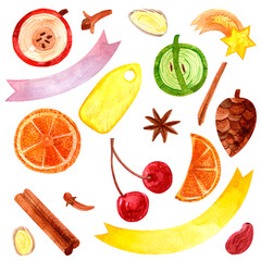 Watercolor fruit set of items for mulled wine isolated on white background. Christmas food for a holiday card. Ribbons and tag for text.