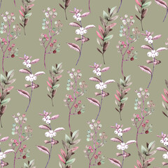 seamless pattern with botanical branches and berries on a beige background, watercolor hand painted