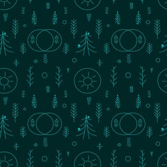 Scandinavian seamless pattern. Hand drawing. Perfect for winter wrapping paper or fabric. Christmas tree scandinavian seamless pattern. Winter wonderland pattern wallpaper.