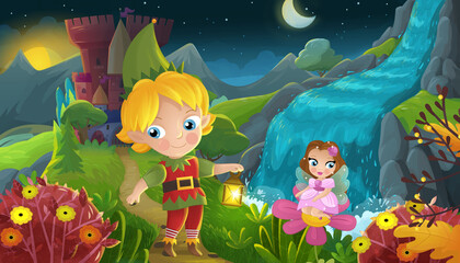 Fototapeta premium cartoon scene forest princess and elf prince and castle