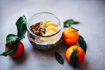 Porridge with chia, fruit and nuts 