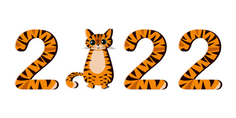 Funny symbol of Happy Chinese New Year 2022. Cartoon tiger and striped numbers on a white background. Simple flat style illustration. 