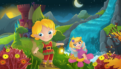 cartoon scene forest princess and elf prince and castle