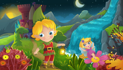Fototapeta premium cartoon scene forest princess and elf prince and castle