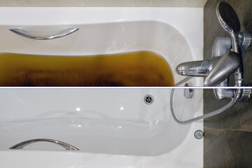 A bathtub filled with dirty water due to a clogged sewer pipe before and after cleaning the drain,...