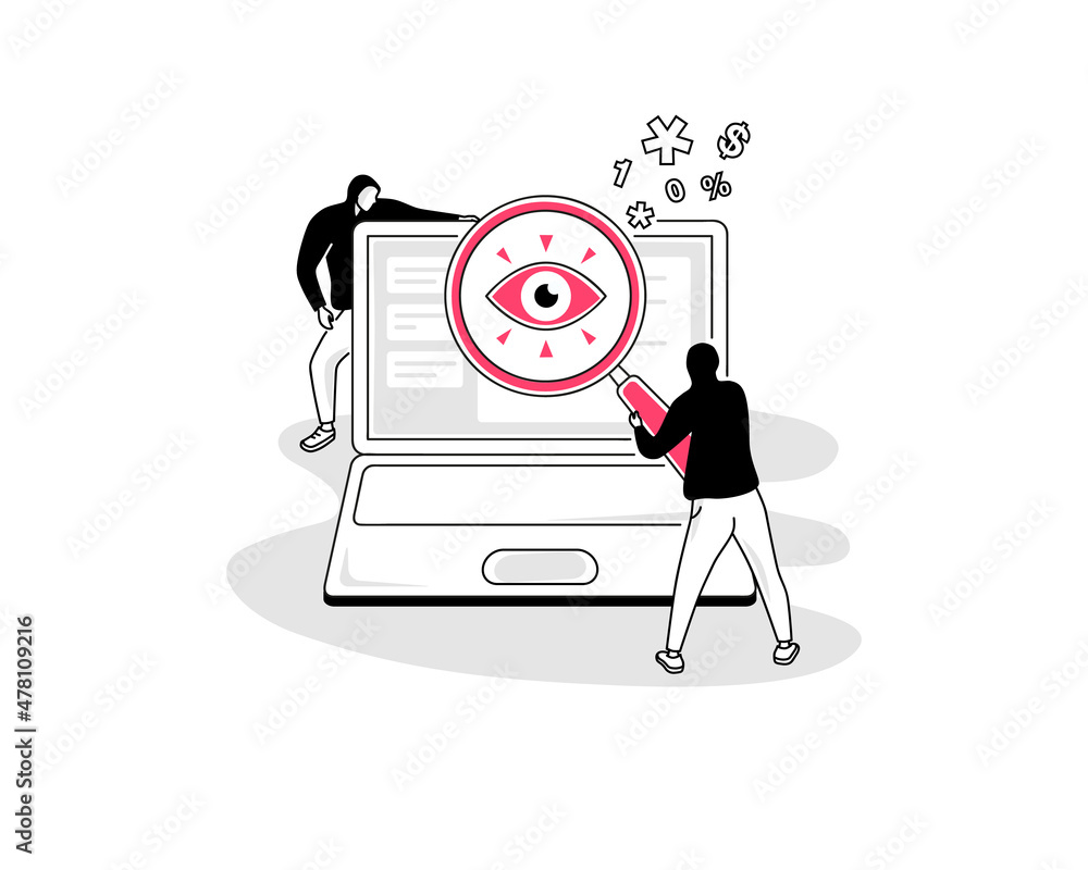 Leinwandbilder illustration of a spyware attack symbol with a spy magnifier and a laptop. easy to use for your webs