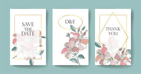 Save the Date. Boho wedding invitation cards set. Template based on floral background with hibiscus and gumamela flowers. Set consists of three floral template. Beautiful postcard templates.