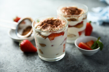 Homemade strawberry tiramisu served in glasses