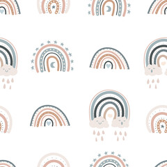 nursery boho rainbow seamless pattern. abstract baby room pattern with cloud. stock modern trendy hand drawn flat illustration isolated on white background.