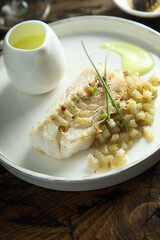 Roasted cod with pear and Jerusalem artichoke