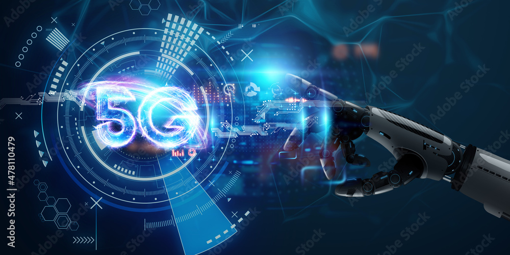 Poster the android robot arm makes a choice in favor of 5g. concept for wicked communication, future, artif