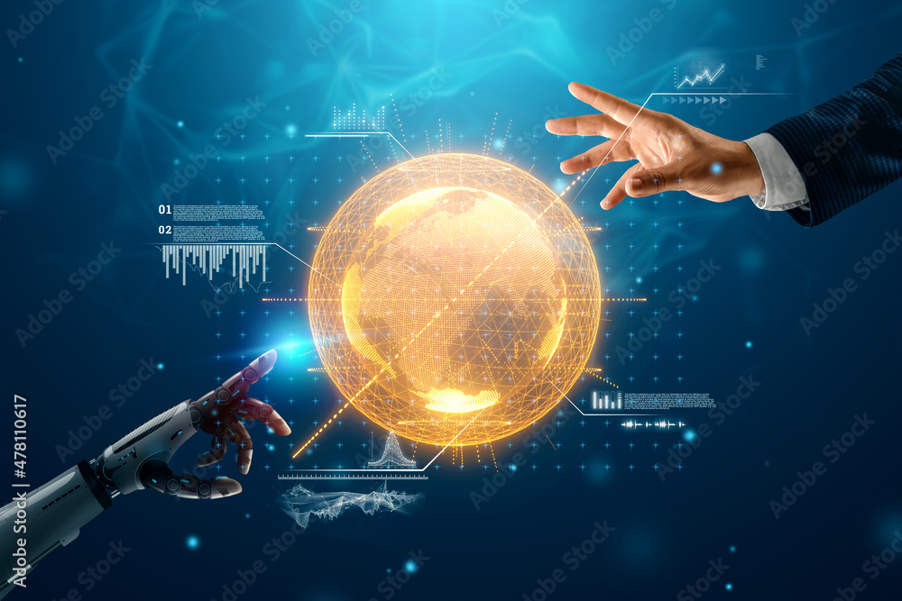 Poster android robot hand and human hand on a blue background. future concept, artificial intelligence, rob