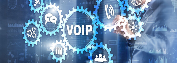 VoIP Voice over IP. Businessman pressing virtual screen Voice over Internet Protocol