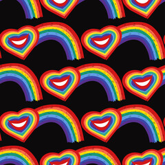.Hand drawn bright rainbow and smiling rainbow heart. Colorful vector seamless pattern.
