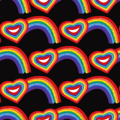 Obraz premium .Hand drawn bright rainbow and smiling rainbow heart. Colorful vector seamless pattern.