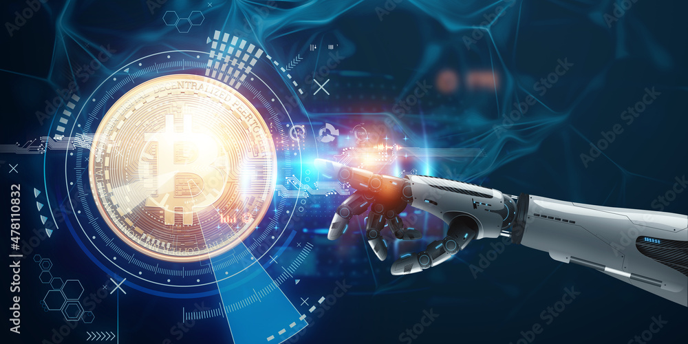 Poster an android robot hand on a blue background points to a bitcoin coin. future concept, artificial inte
