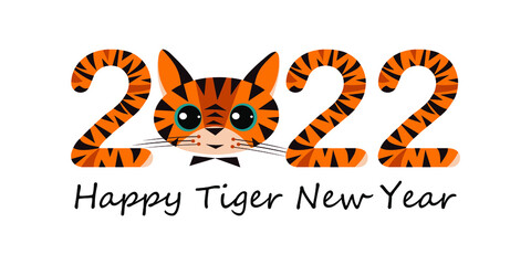 Fototapeta na wymiar Funny symbol of Happy Chinese New Year 2022. Cartoon tiger and striped numbers on a white background. Simple flat style illustration. Vector.