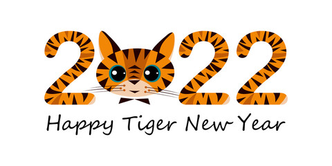 Fototapeta na wymiar Funny symbol of Happy Chinese New Year 2022. Cartoon tiger and striped numbers on a white background. Simple flat style illustration. 