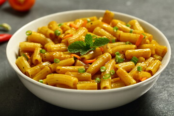 Homemade delicious pasta penne with fresh cheese and cream.