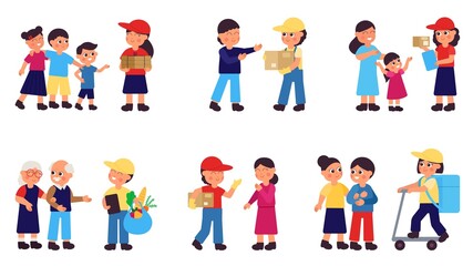 Fototapeta premium People and delivery. Commercial idea of help to senior, groceries store services. Courier with boxes, parcels and food bags. Service to public decent vector set