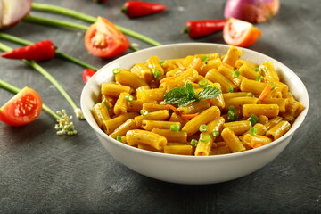 Homemade delicious breakfast food- vegetarian diet meal- pasta penne with fresh cream and cheese.