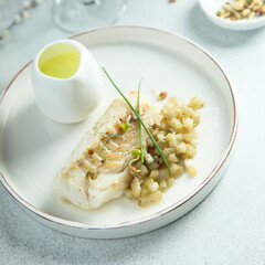 Roasted cod with pear and Jerusalem artichoke