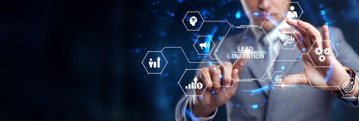 Business, technology, internet and networking concept. Young entrepreneur showing keyword: Lead generation