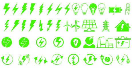 Lightning icon set in green color - icons related to green energy. Icon set of energy rays, light bulbs, energy tower, solar panel. Vector icons isolated on a white background. Editable Stroke