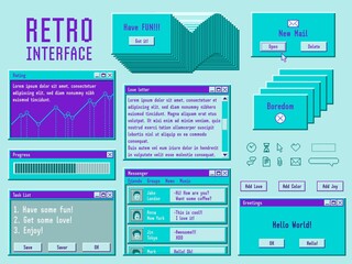 Retro interface elements. Vintage pc window, computer user desktop. Digital 90s software template, old trendy cyber internet design. Web technology recent vector set