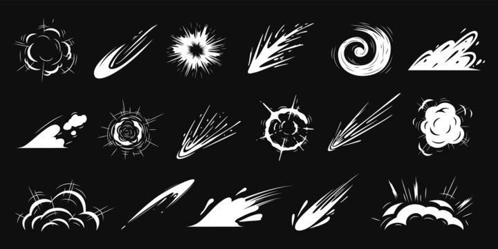 Cartoon energy explosion. Cloudy ring, explosions comic style. Fog and smoke clouds, white motion effects. 2d flash graphics, speed line recent vector set
