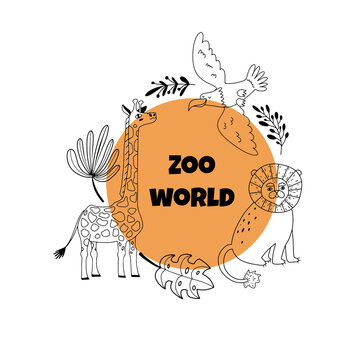 Zoo animals hand drawn in line art, zoo world icon or symbol, isolated vector illustration