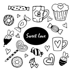 Hand drawn doodle sweets. Vector cute candies. Love cliparts. Valentine's day set. Outline.