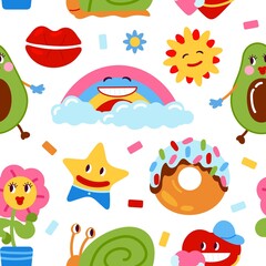 Funny patches pattern. Pop abstract doodles, cartoon fun avocado, rainbow, stars. Colorful childish print, modern fashion decent vector seamless texture