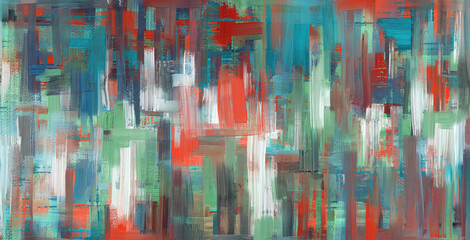 Rough strokes artwork, wide oil painting on canvas. Abstract grungy background, green and red paint pattern