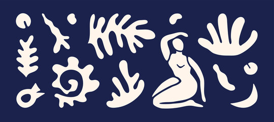 Banner with white hand-drawn sea shapes in Matisse style on blue background. 