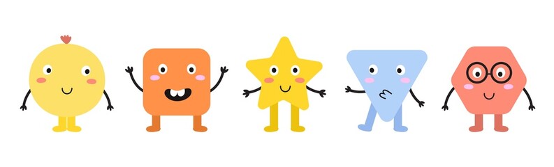 Emotional simple geometric shapes. Cute circle, square, triangle, star and hexagon. Classic geometria kids education, vector set