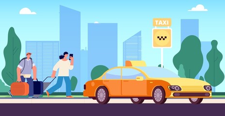 People with baggage go to taxi stop. City transport, transfer for tourists. Yellow car on town landscape, urban transportation service vector illustration