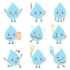 Cute cartoon drops. Funny drop, emotional droplets. Isolated water characters, thinking, angry and find solutions. Clean blue decent vector elements