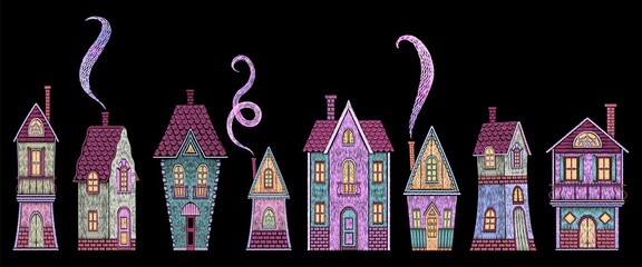 Fototapeta na wymiar Cute houses embroidery. Fairy tale home, european vintage buildings in victorian style. Fashion silk stitch tiny house patches, nowaday design vector elements