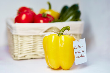 Carbon neutral product label on bell pepper. Carbon labeling. Net zero carbon, emissions free....