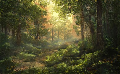 Beautiful magical forest fabulous trees. Forest landscape, sun rays illuminate the leaves and branches of trees. Magical summer forest. Illustration - obrazy, fototapety, plakaty